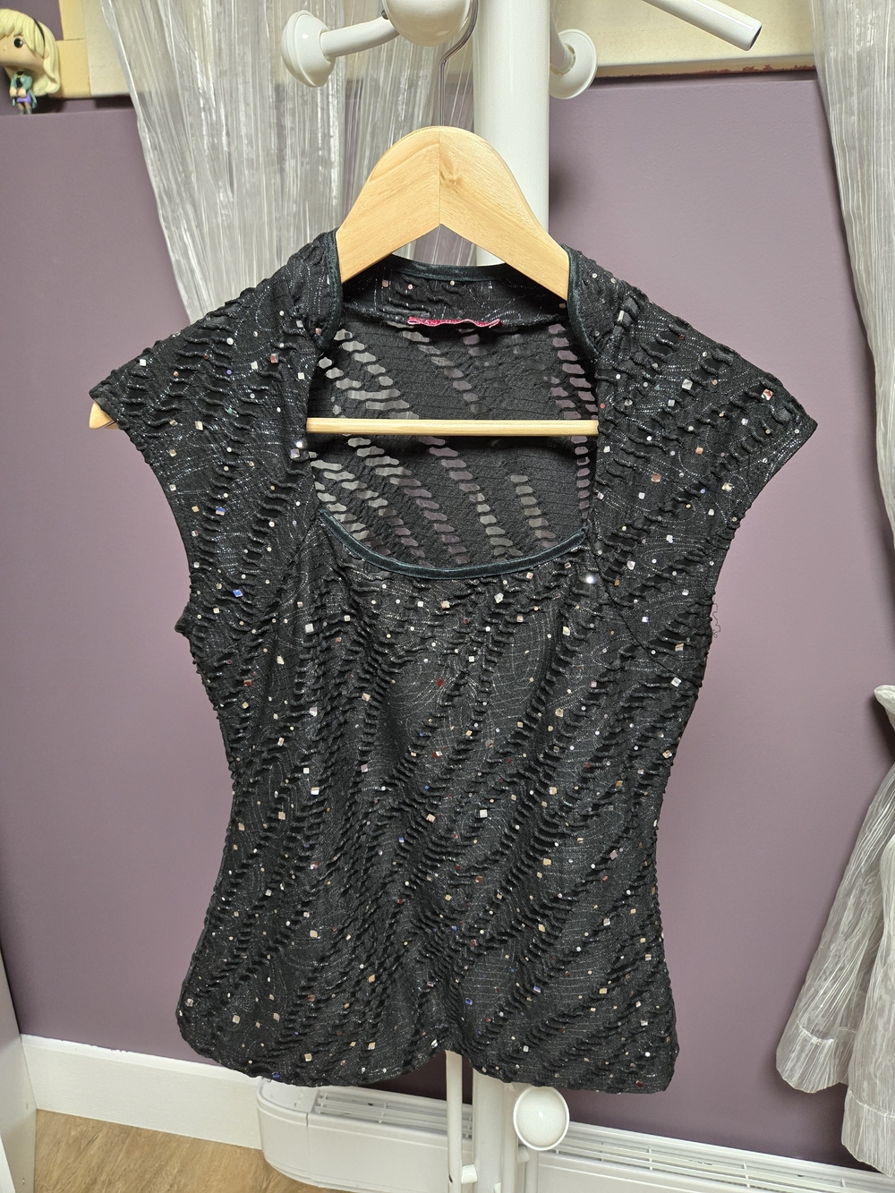 I.N. San Francisco Black Sheer Sequin Openwork Cap-Sleeve Tank